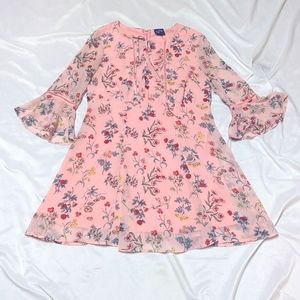 Disney Beauty and The Beast Pink Floral Skater Mini Dress 3/4 Bell Sleeves READ